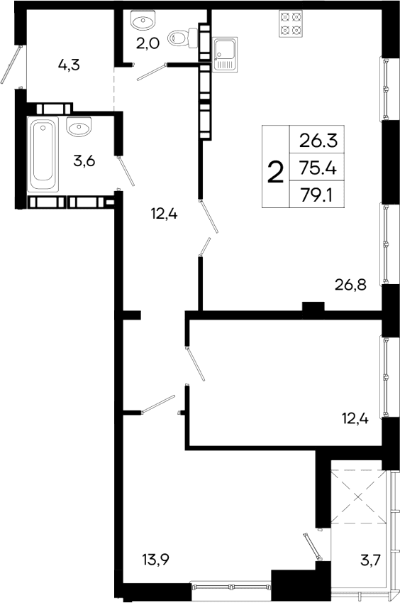 2-комн., 75.4 м²