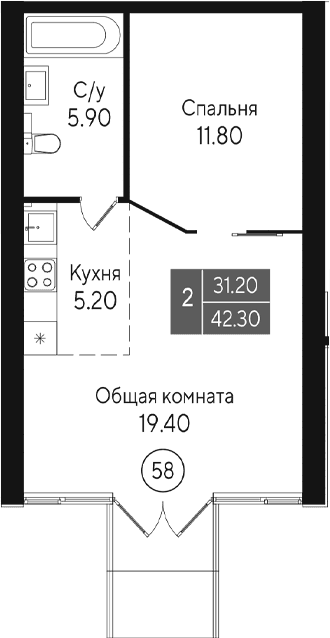 2-комн., 42.3 м²