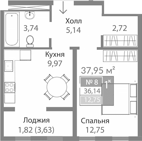 1-комн., 34.32 м²