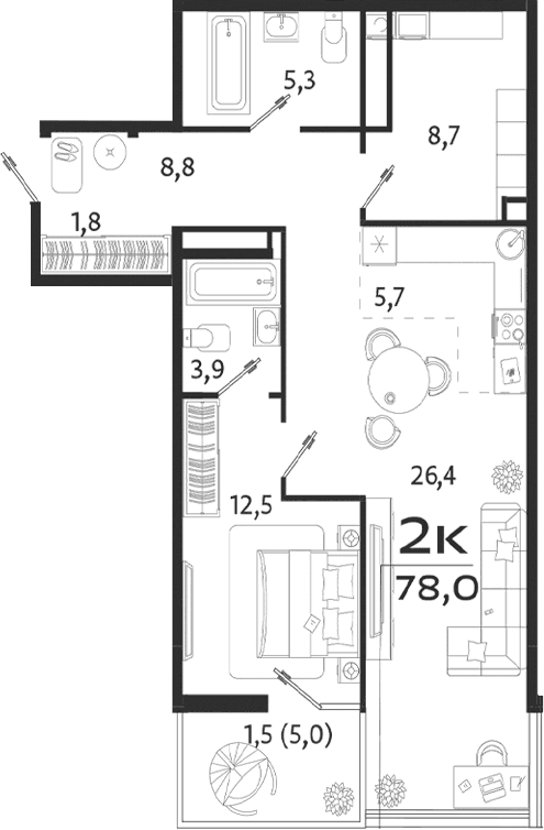 2-комн., 73 м²