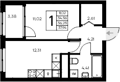 1-комн., 34.56 м²