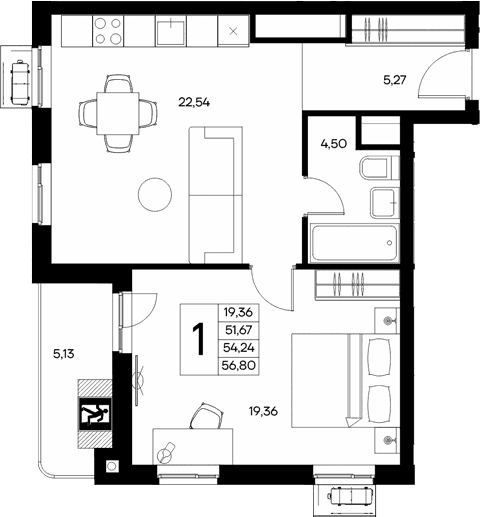 1-комн., 51.67 м²