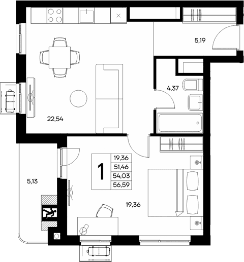 1-комн., 51.46 м²