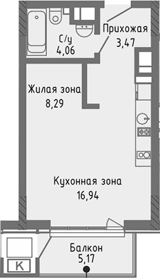 Студия, 32.76 м²
