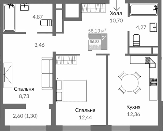 2-комн., 56.83 м²