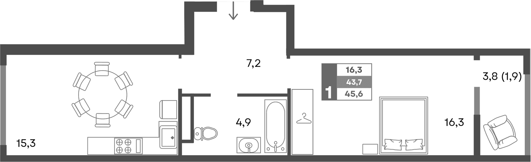 2-комн., 43.7 м²