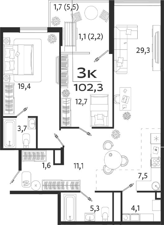 2-комн., 94.4 м²