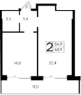 1-комн., 43.9 м²