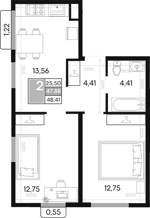 2-комн., 47.87 м²