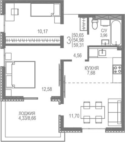 3-комн., 54.98 м²