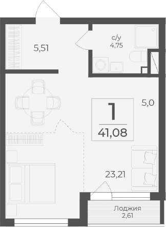 Студия, 38.47 м²