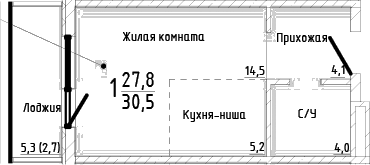 Студия, 27.8 м²