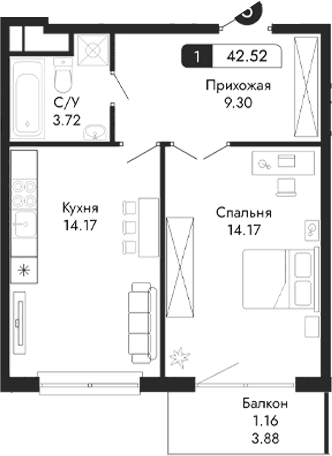1-комн., 41.36 м²