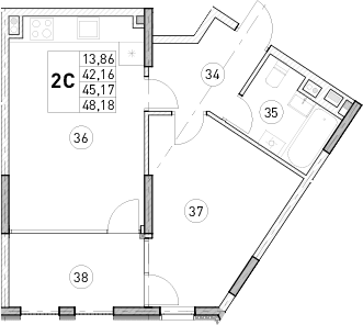 1-комн., 42.16 м²