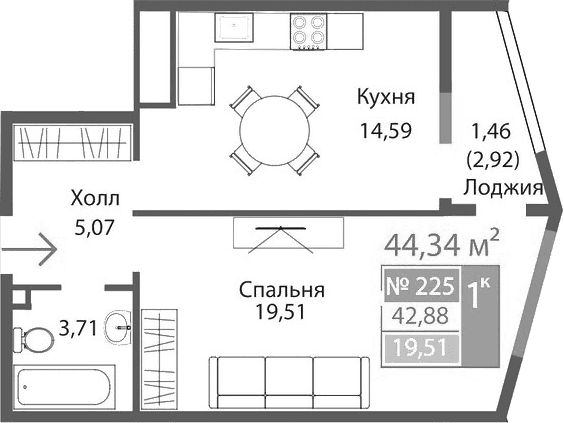1-комн., 42.88 м²