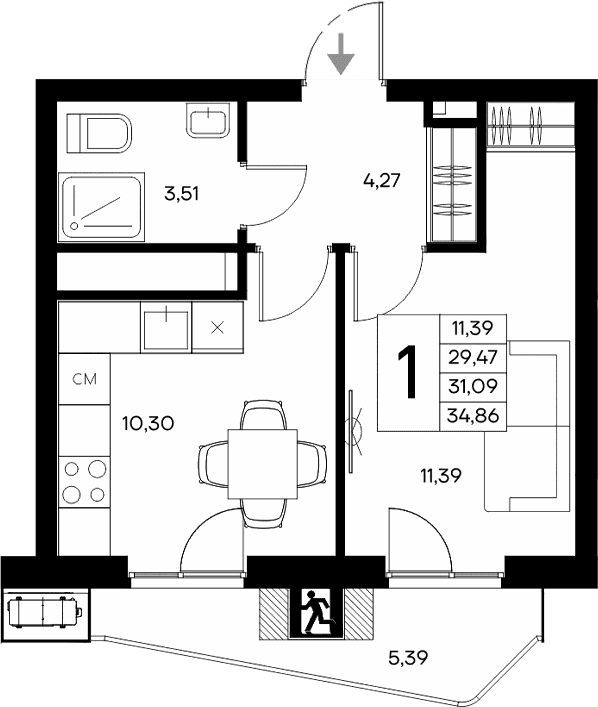 1-комн., 29.47 м²