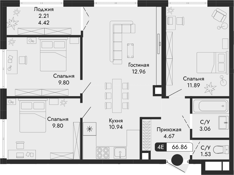 4-комн., 64.65 м²