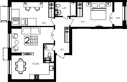 2-комн., 75.75 м²