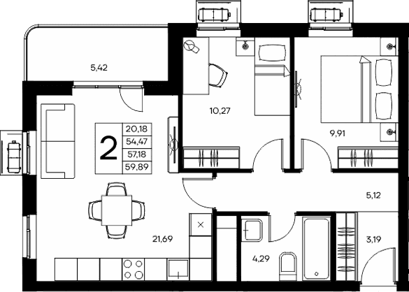 2-комн., 54.47 м²