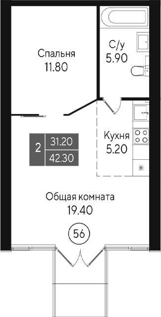 2-комн., 42.3 м²