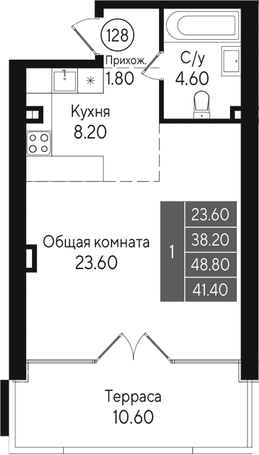 Студия, 38.2 м²