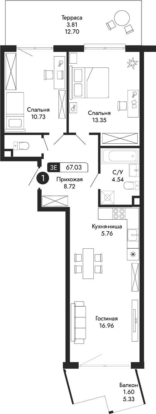 3-комн., 61.62 м²