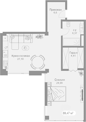 1-комн., 70.42 м²