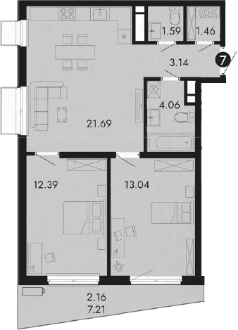 3-комн., 57.59 м²
