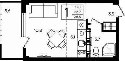 Студия, 22.9 м²