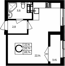 Студия, 28.74 м²