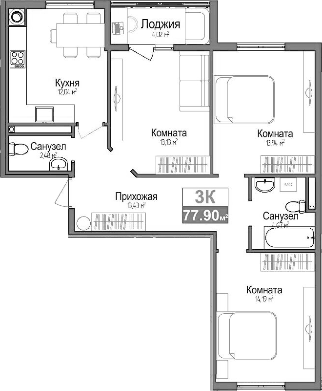 3-комн., 73.88 м²