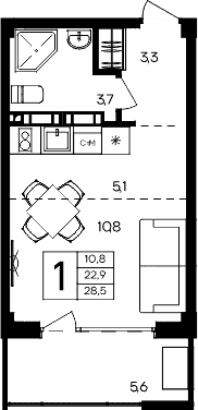 Студия, 22.9 м²