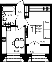 1-комн., 34.61 м²