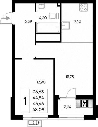 1-комн., 44.84 м²