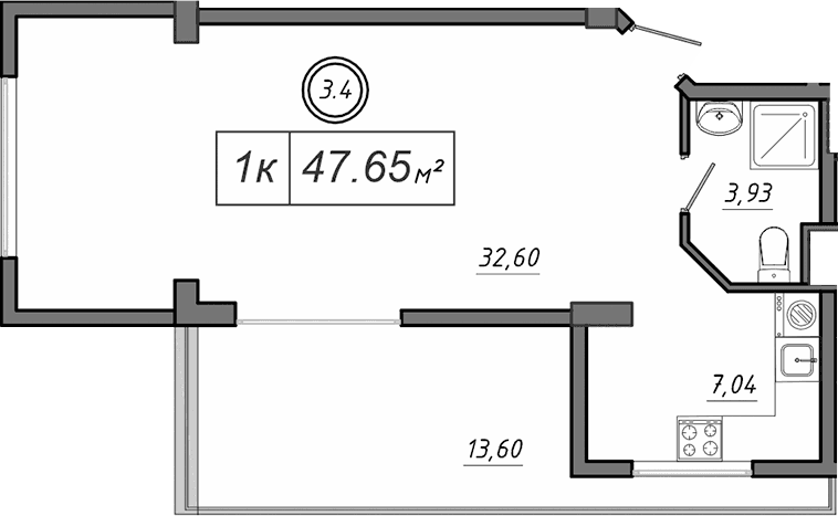 1-комн., 43.57 м²