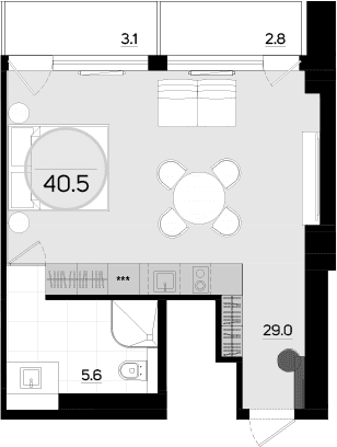 Студия, 34.6 м²