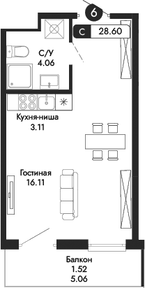 Студия, 27.08 м²