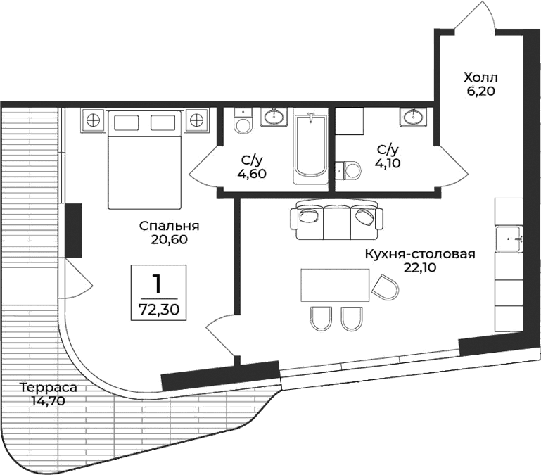 1-комн., 57.6 м²