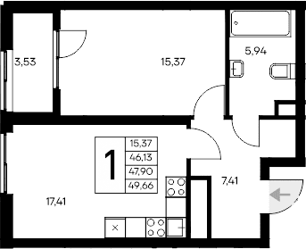 1-комн., 46.13 м²