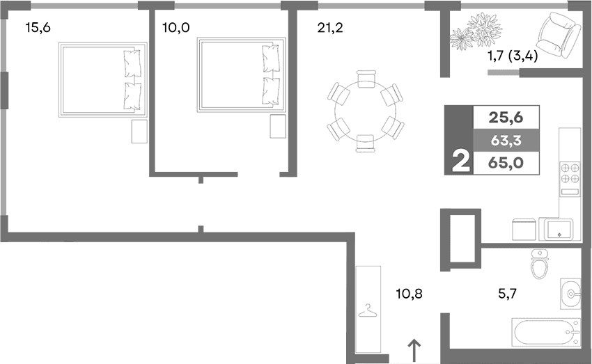 2-комн., 63.3 м²