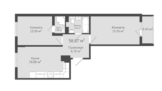2-комн., 57.18 м²