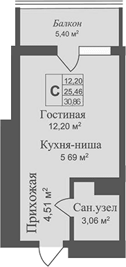 Студия, 25.46 м²