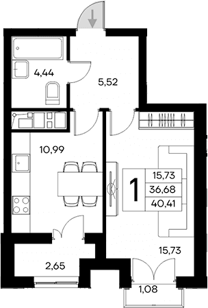 1-комн., 36.68 м²