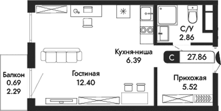 Студия, 27.17 м²