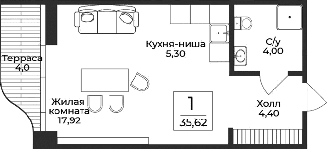Студия, 31.62 м²