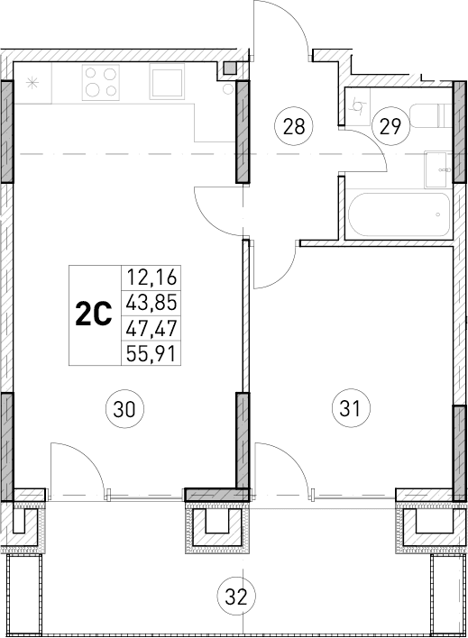 1-комн., 43.85 м²