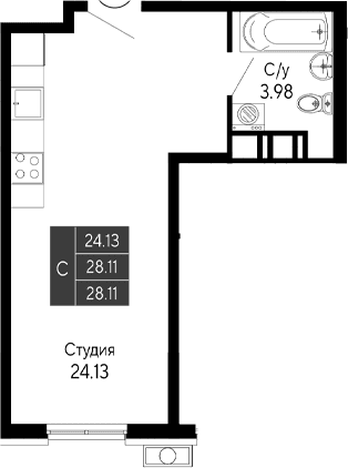 Студия, 28.11 м²