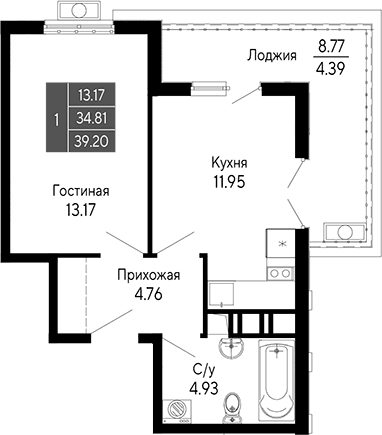 1-комн., 34.81 м²