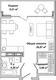 Студия, 33.29 м²