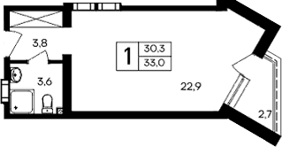 Студия, 30.3 м²